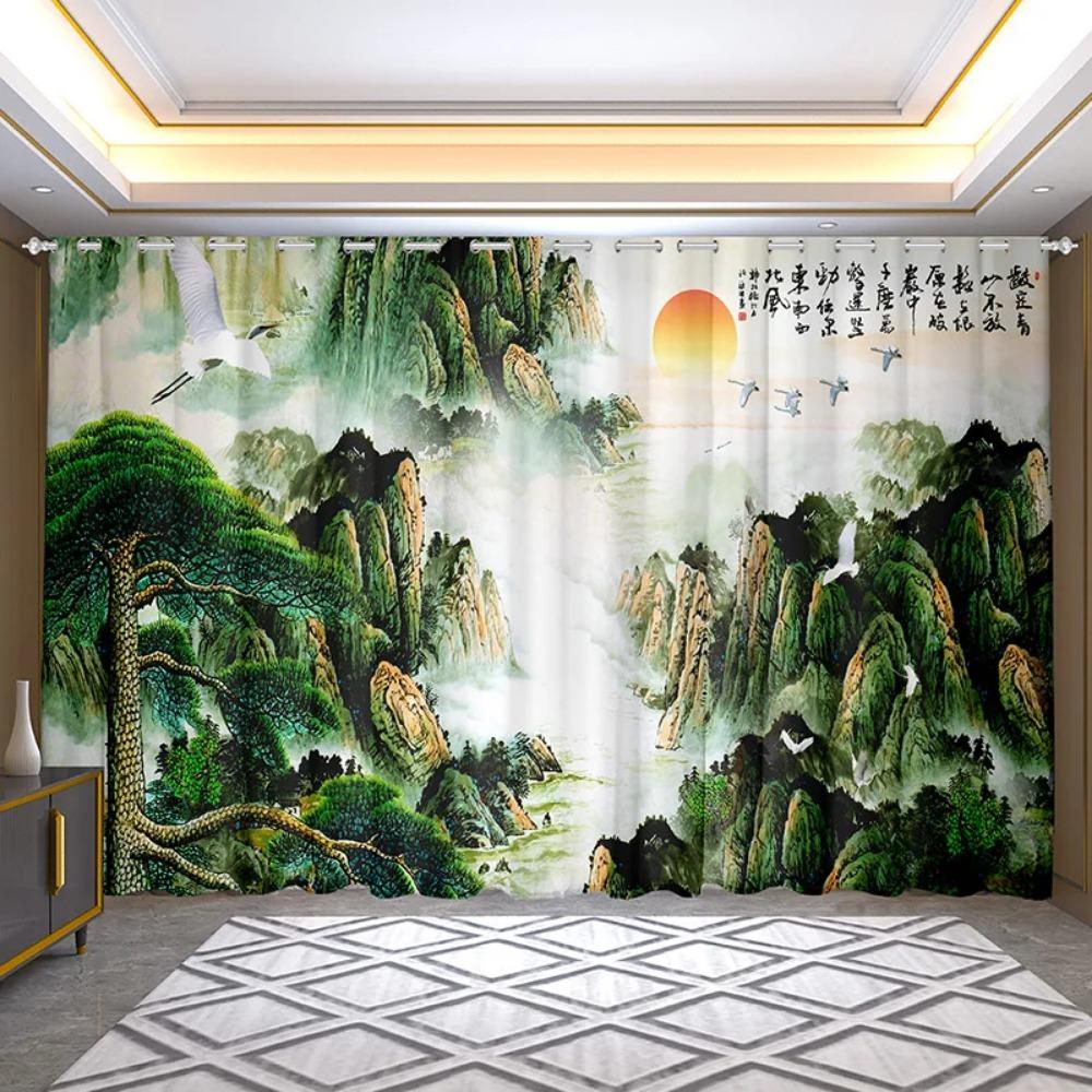 2pcs Landscape Semi-blackout Custom Curtain for Living Room Bedroom Floor Window 2024 New Modern Chinese Style Zen Large Size