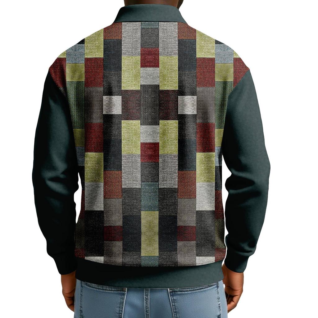 Men's Casual Loose Colorblock Print Lapel Button Long Sleeve Top