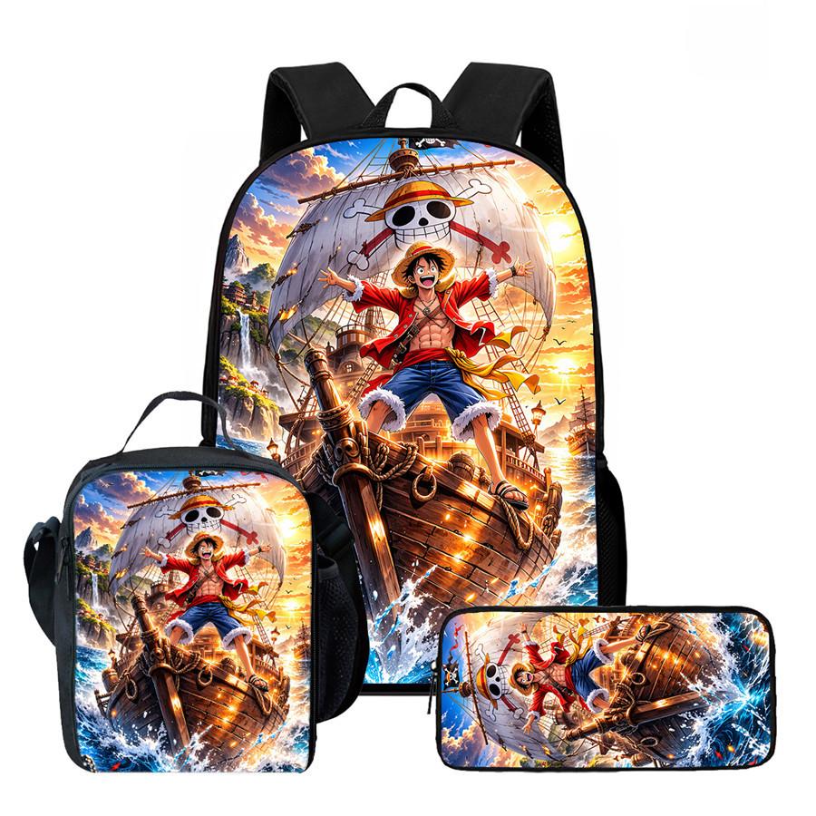 One Piece Anime Backpack 3Pcs Set Cartoon School Backpack Crossbody Bag Pencil Case Student Schoolbag Travel Backpack Gift