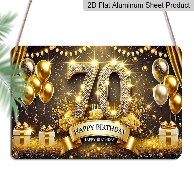 

2D Flat, 1pc Happy 70th Birthday Black & Gold Plaque - 70th Birthday Decor Sign with Number & Golden Balloons, Black & Gold - Aluminium Wall 20*30cm