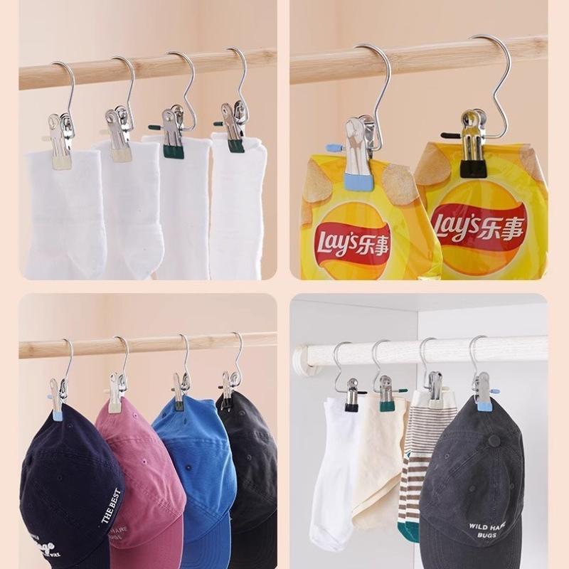 Multi Purpose Stainless Steel Clothes Pins with Hooks Windproof Drying Clips for Socks Hats