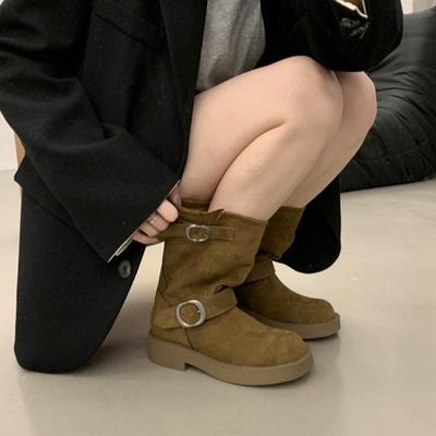 Nowy Styl Marka Damskie Buty Modne Ozdoby z Klamrami Damskie Botki Okrągły Nosek Jednolite Niskie Obcasy Krótkie Cholewki Kowbojki
