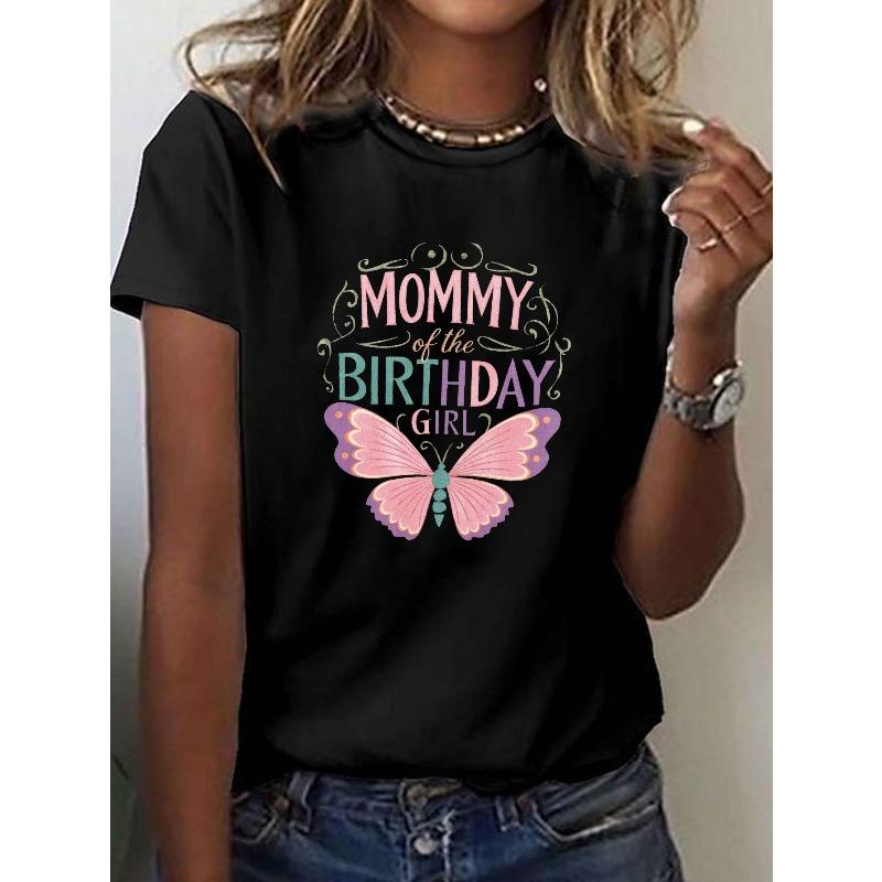 MOMMY OF THE BIRTHDAY Print T-Shirt | Short Sleeve Crew Neck Casual Top for Women, Suitable for All Seasons, Geometric-Patterned