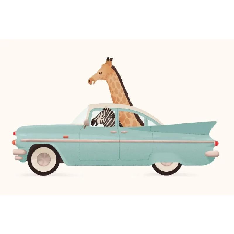 Animals On Cars Cartoon Posters Elephant Giraffe Raccoon Canvas Printing Wall Art Picture for Nursery Living Room Home Deco Gift