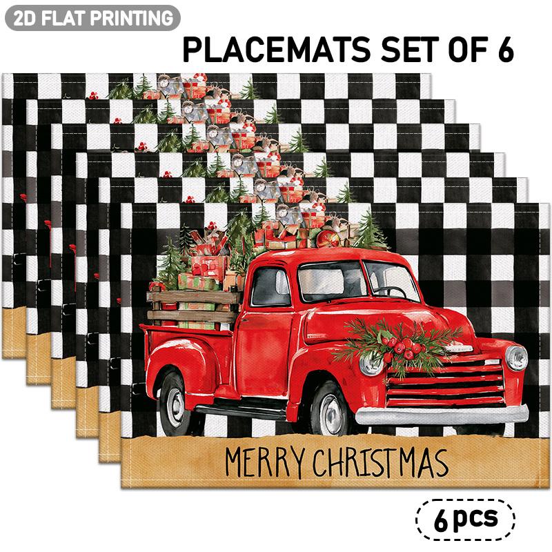 4/6pcs, Christmas Theme Placemats, Red Truck, Gifts, Christmas Tree, Plaid Pattern Placemats, MERRY CHRISTMAS Text Design, Suitable for Indoor/Outdoor