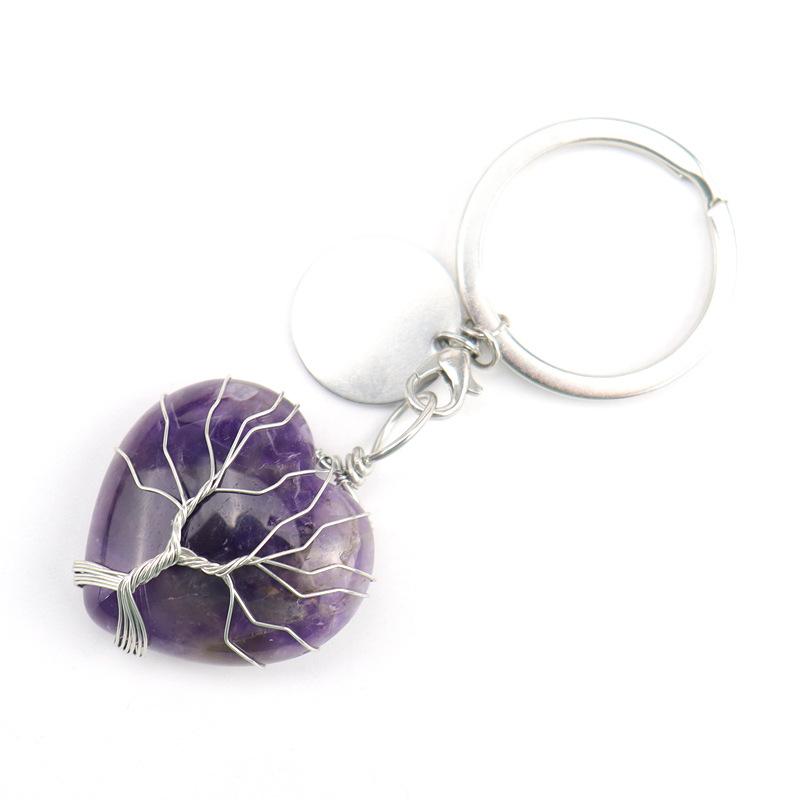 Natural Stone Crystal Peach Heart Heart Shape Tree Of Life Keychain Keychain Bag Pendant K24
