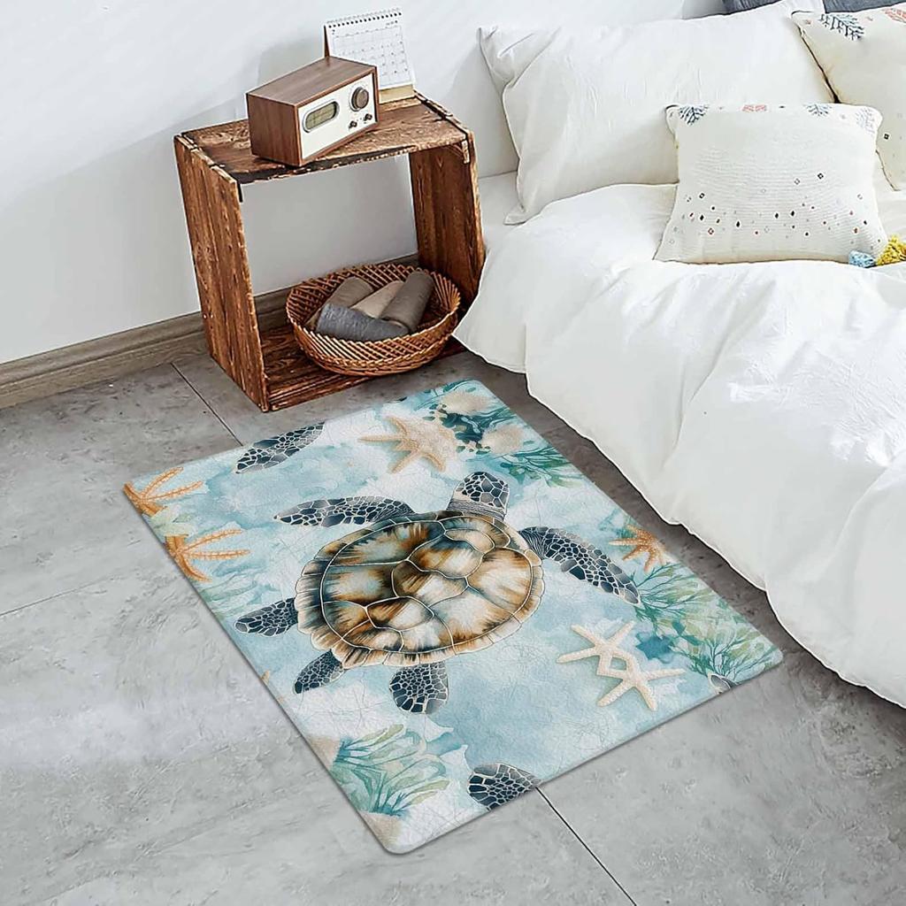 Turquoise Starfish Turtle Welcome Door Mat Living Room Entrance Mat Balcony Hallway Rug Laundry Room Bathroom Non-slip Floor Mat