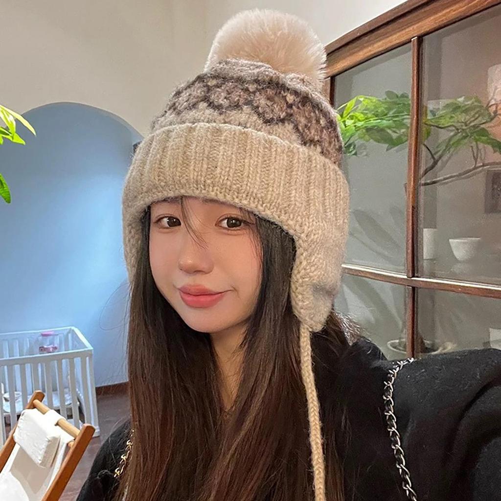Cappello lavorato a maglia stile Fair Isle per donna, berretto invernale caldo con jacquard etnico, protezione per le orecchie, berretto per bambina, anti-freddo, paraorecchie da Sci sulla Neve, berretto