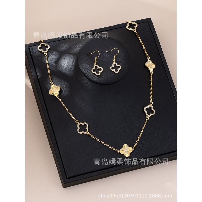 Womens Clover Jewelry Set Gold Plated Chain Earrings Necklace Fashion Accessory