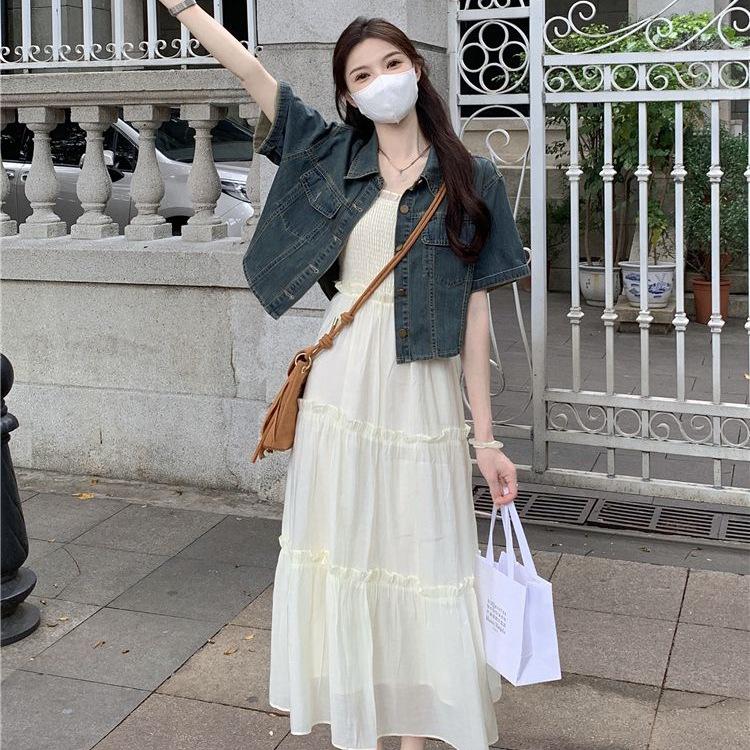 Women’s 2026 Summer Stylish Two-Piece Set: Gentle Style Short Denim Jacket & Mid-Length Camisole Dress