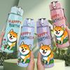 1PC Happy Birthday Fox Dog Print 750ml Color Plastic Sports Water Bottle Leakproof Flip Straw Lid Suitable for Sports Office Home Use