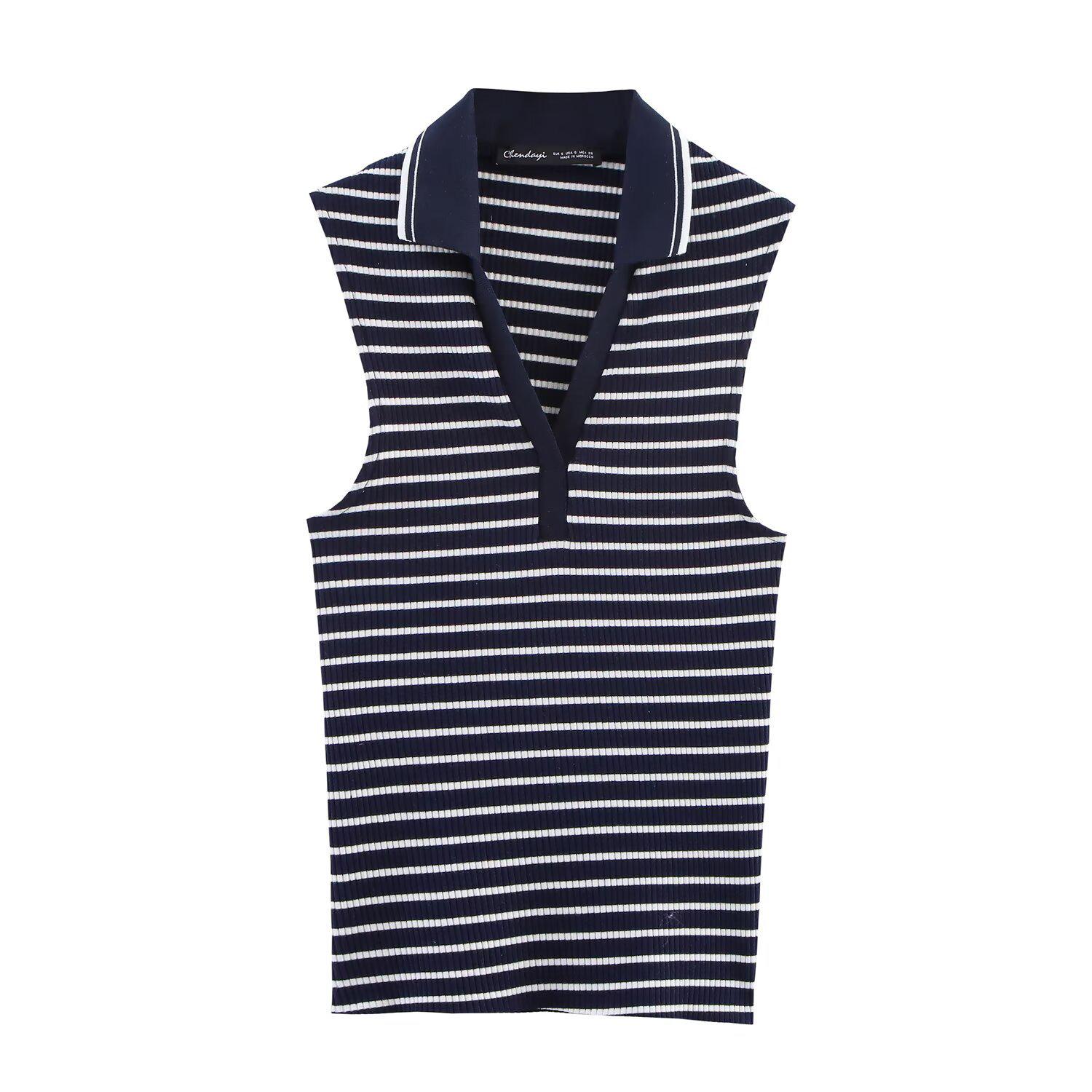 European & American Women s Fashion Ribbed Sleeveless Polo Collar Knit Vest Medium