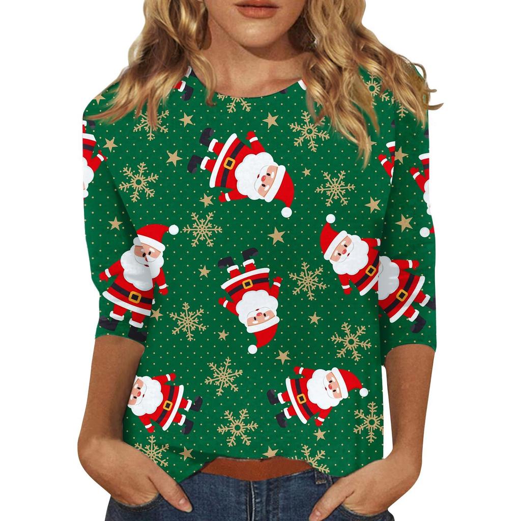 Spring and Autumn Round Neck Christmas Themed Pattern 3D Printed Top Fashionable Casual Long Sleeved Women's T-shirts