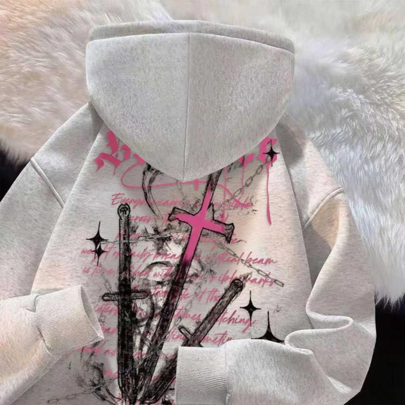 Oversized Hooded Sweatshirt With Gothic Cross