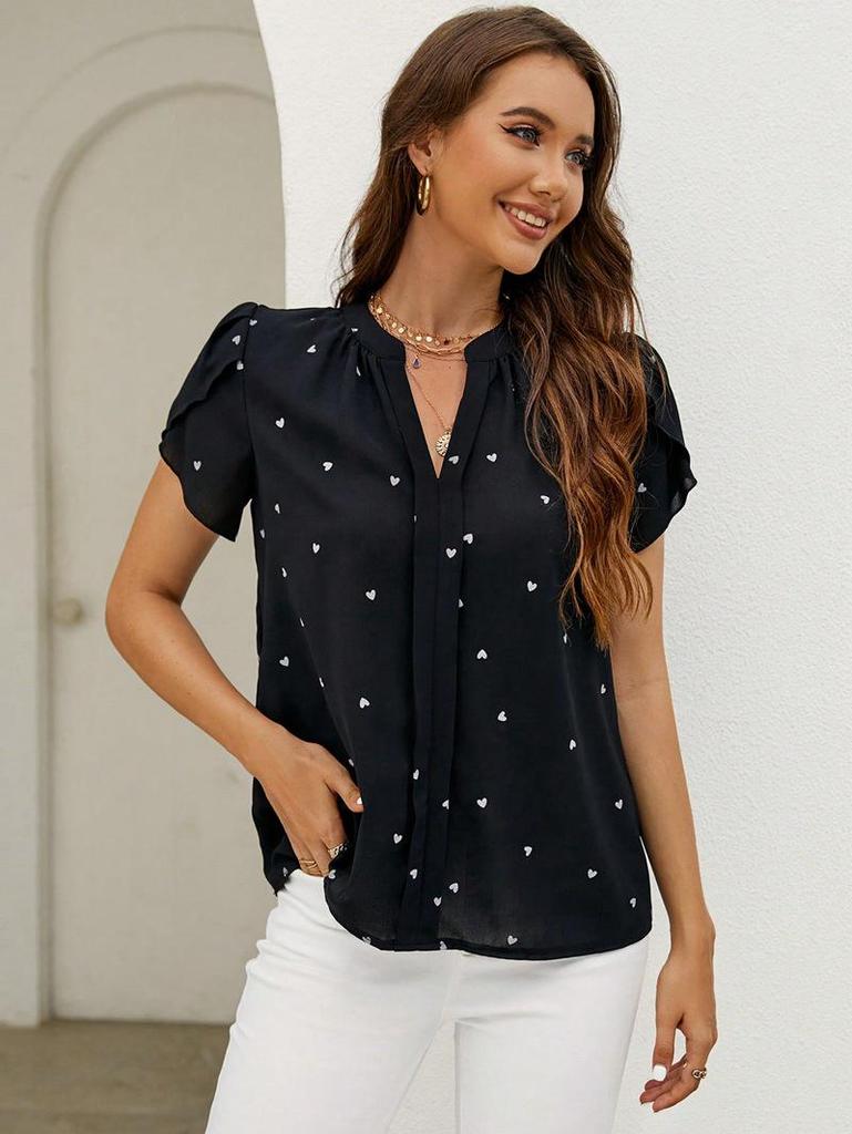 European American Women's V-Neck Heart-Shaped Sleeve Summer Top