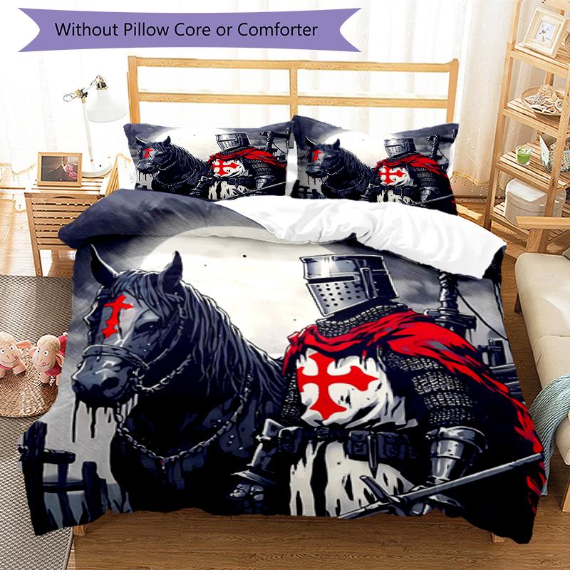 3pcs Knights Templar1 Pattern Bedding Set Duvet Cover Set Includes Duvet Cover &pillowcases, Perfect All Season Bedroom Decoration & Gift