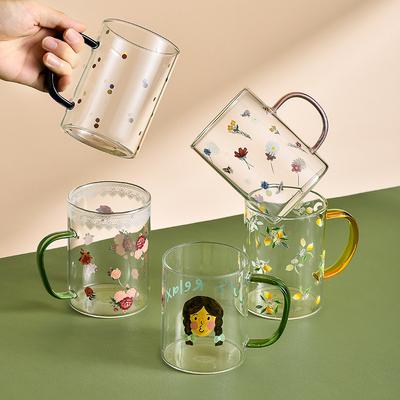 High Temperature Resistant Glass Flower Water Cup Summer Large Capacity Juice Cup Beautiful Coffee Cup Office Cup Crystal