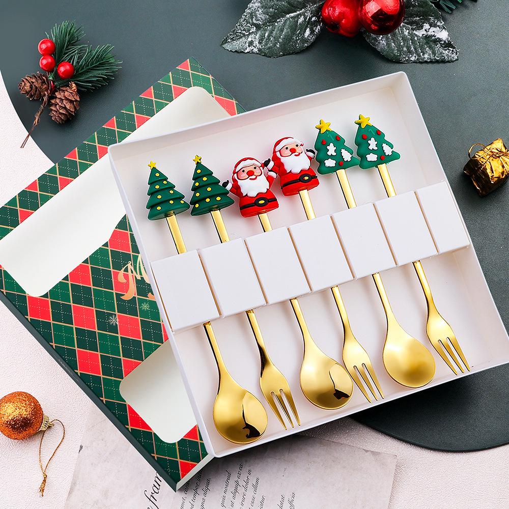 Cross-Border Christmas Stainless Steel Fork & Spoon Gift Set - Reindeer & Snowman Cartoon Pattern Dessert Gold Cutlery