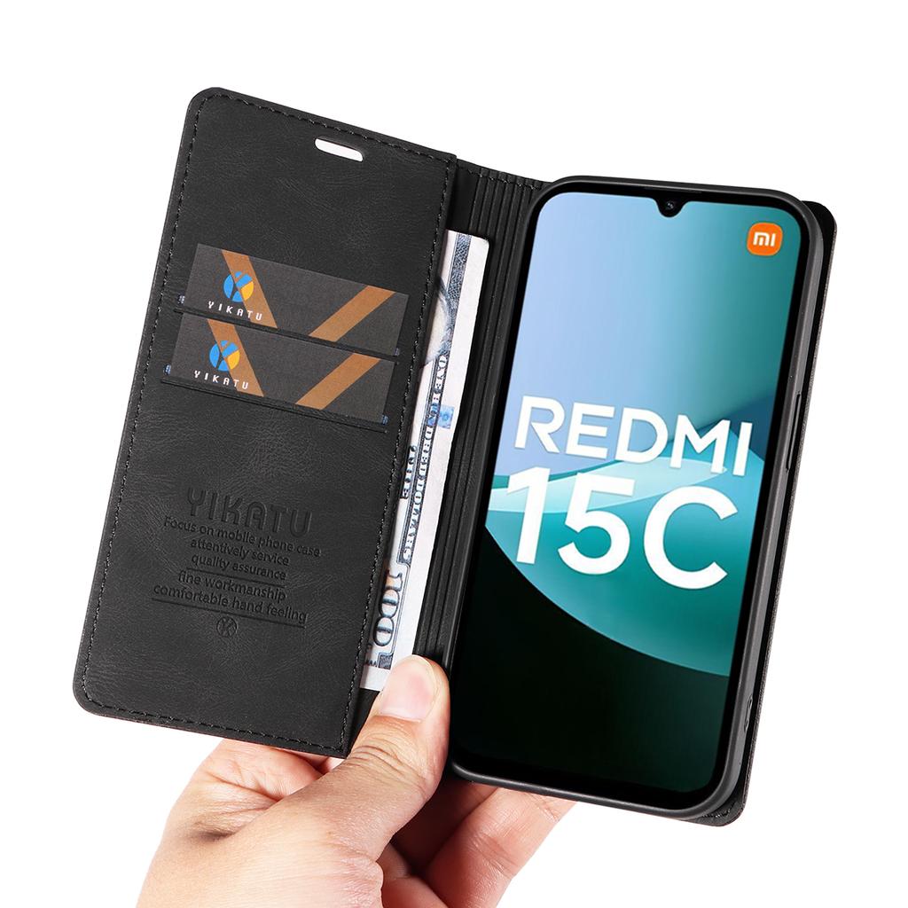 For Xiaomi Redmi 15C 4G (173 mm) Lærdeksel YIKATU YK-004 Hudfølelse Lommebok Telefondeksler