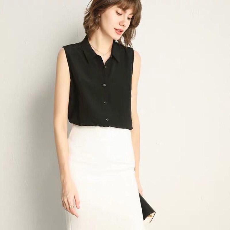 

Модная однотонная блузка с вентиляцией, однобортная, женская, без рукавов, с воротником поло, офисная, повседневная, свободного кроя, с темпераментом, шифоновая рубашка XXL чёрный
