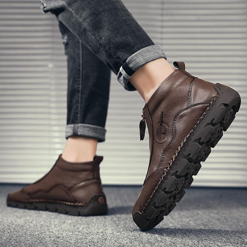 Fashion Spring Autumn Winter Handmade Leather Boots Comfort Fur Casual Shoes Ankle Boots for Man Autumn Boot Zipper Design Driving Shoes