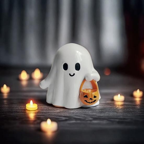 Halloween Ghost Figurine Resin Ghost Ornament Holding A Pumpkin Lantern Glossy Finish Ghost Statue for Home Office Desk Shelf Decor
