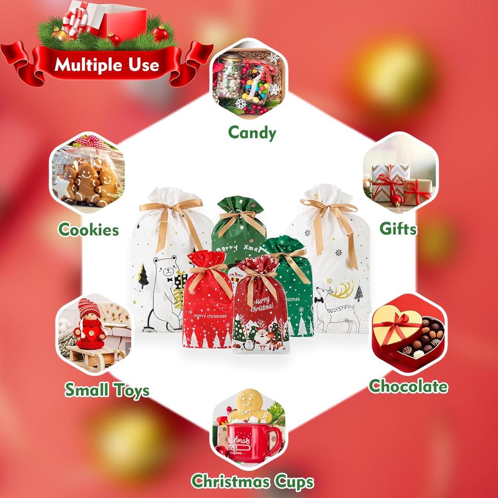 Bomvabe 20 Drawstring Gift Bags for Christmas Presents, Food Grade Christmas Treat Bags for Candies Cookies, Christmas Wrapping Bags Assorted Sizes