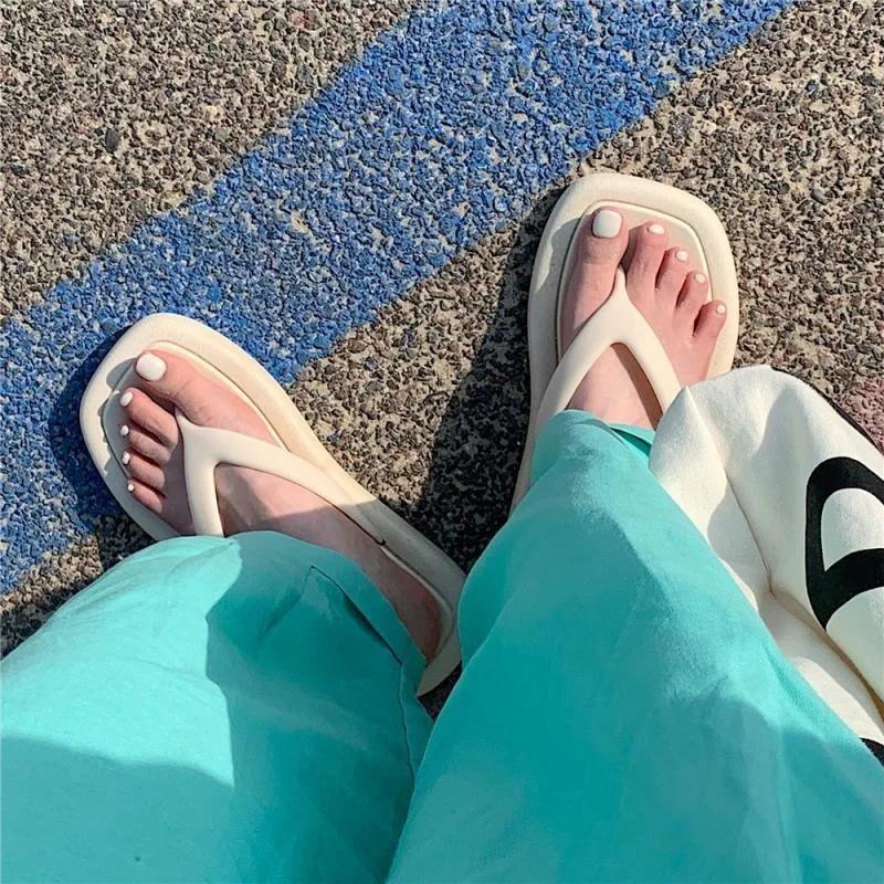 Fashion Fashion Summer Shoes For Women Slippers Square Head Platform Flip Flops Solid Color Beach Shoes Clothing For Women