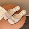 French gentle fairy one-word slippers female 2025 summer wear new bow thick heel sandals high heel sandals