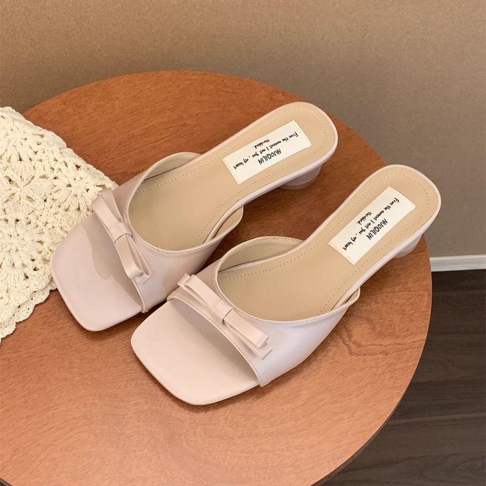 French gentle fairy one-word slippers female 2025 summer wear new bow thick heel sandals high heel sandals