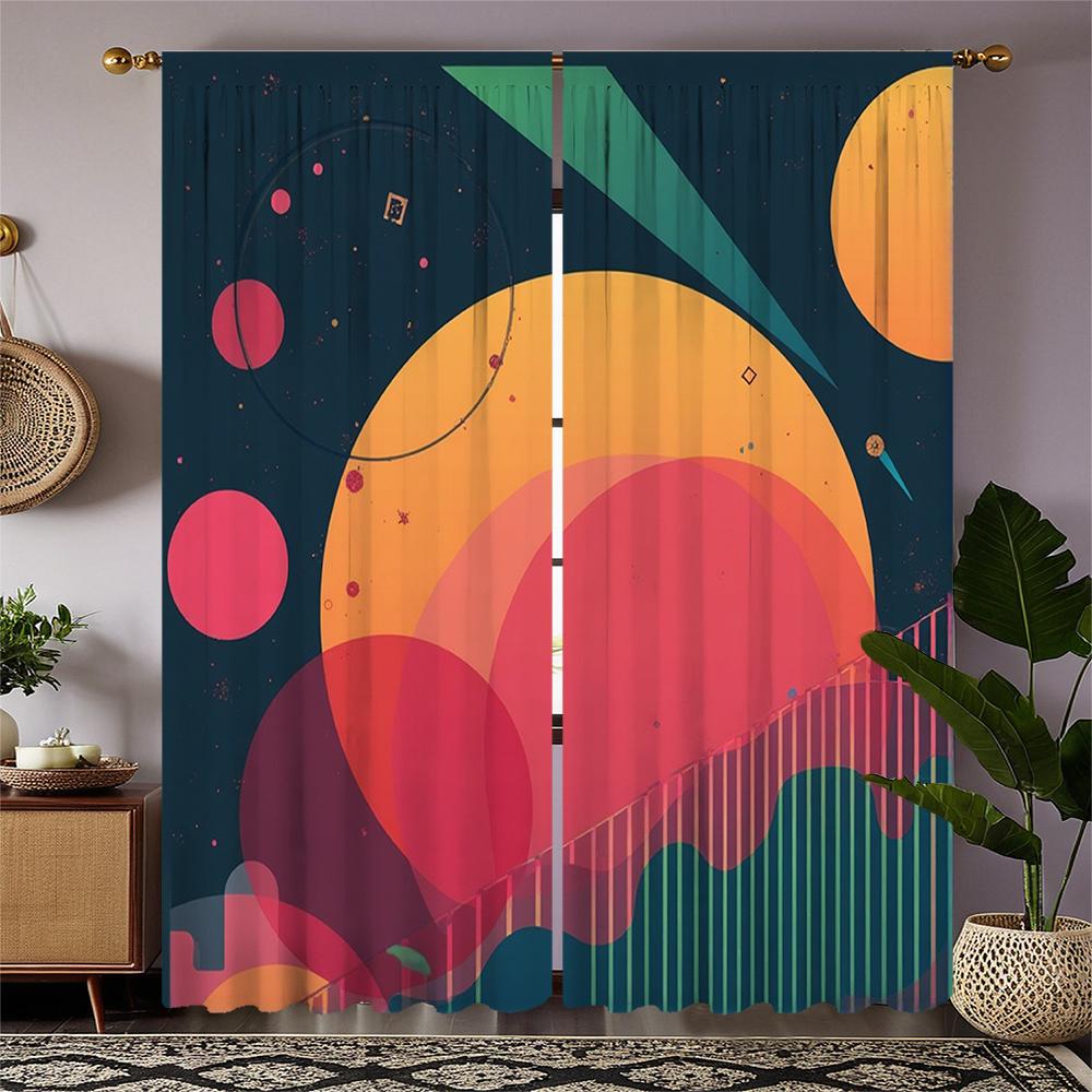 2pcs Heavyweight Curtains - Modern Cosmic Starry Sky Window Drapes with Abstract Geometric Patterns in Pink, Orange, Teal, 60×150