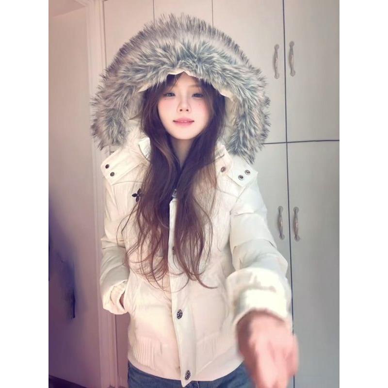 Warm winter atmosphere sweet sister fur collar hooded cotton-padded clothes women's simple beige stand-up collar jacket cotton-padded jacket