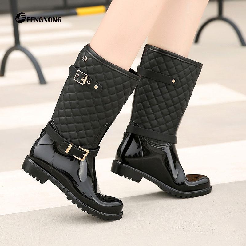 European Water Shoes Plus Cotton Women's Plaid Fashion Hunter Rain Boots Hemming Accessories Thermal Medium Tube Rain Shoes