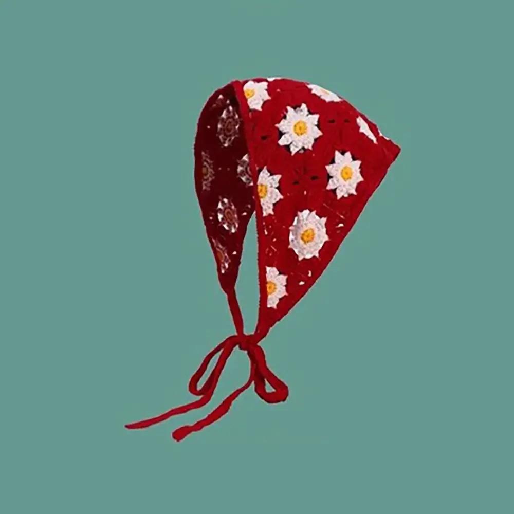 1Pc Knitted Triangle Headband French Pastoral Style Headscarf Hat Little Flower Handmade Crochet Headband Towel Spring Summer