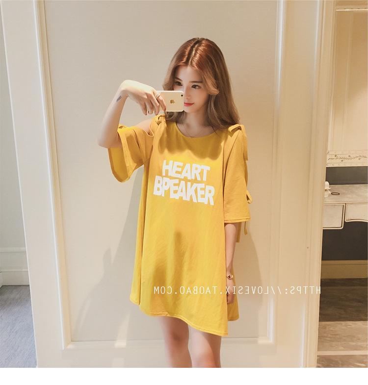 2024 Korean Style Off-Shoulder Bowknot Print Mid-Length T-shirt Dress with Five-Point Sleeves.