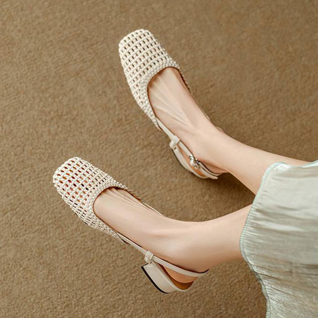 Krazing Pot Microfiber Weaving Summer Size 41 Med Heels Slingback Party Shoes Women Square Toe Gladiator Hollow Out Pumps