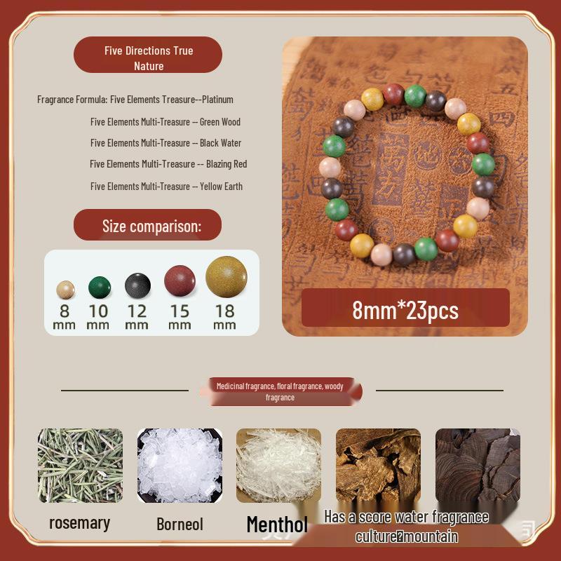 Natural Aroma Incense Bead Bracelet Set: Gold, Wood, Water, Fire, Earth Elements - Handmade Gift with Chinese Medicinal Fragrance True Qi of Five Directions Bracelets