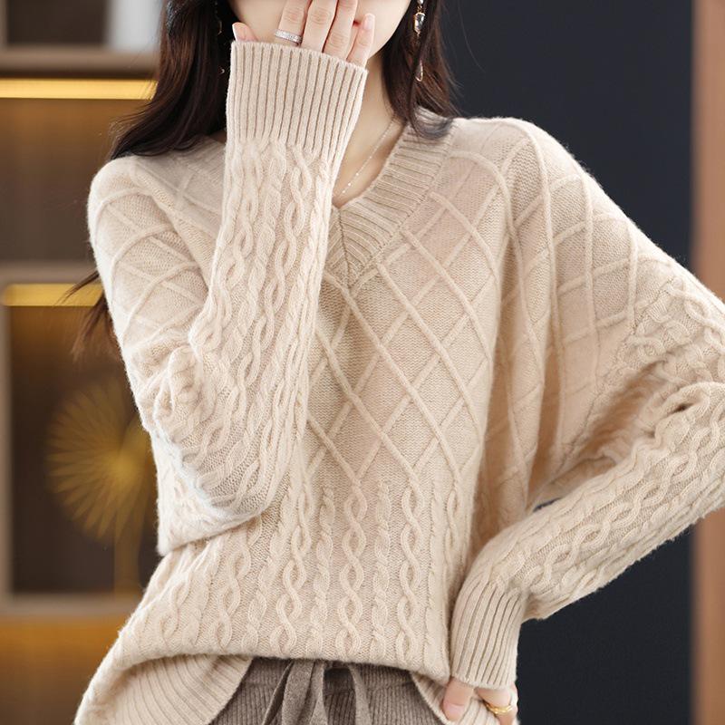 Women's Pure Wool V-Neck Pullover Sweater - Stylish Loose Fit, New for Autumn/Winter 2023