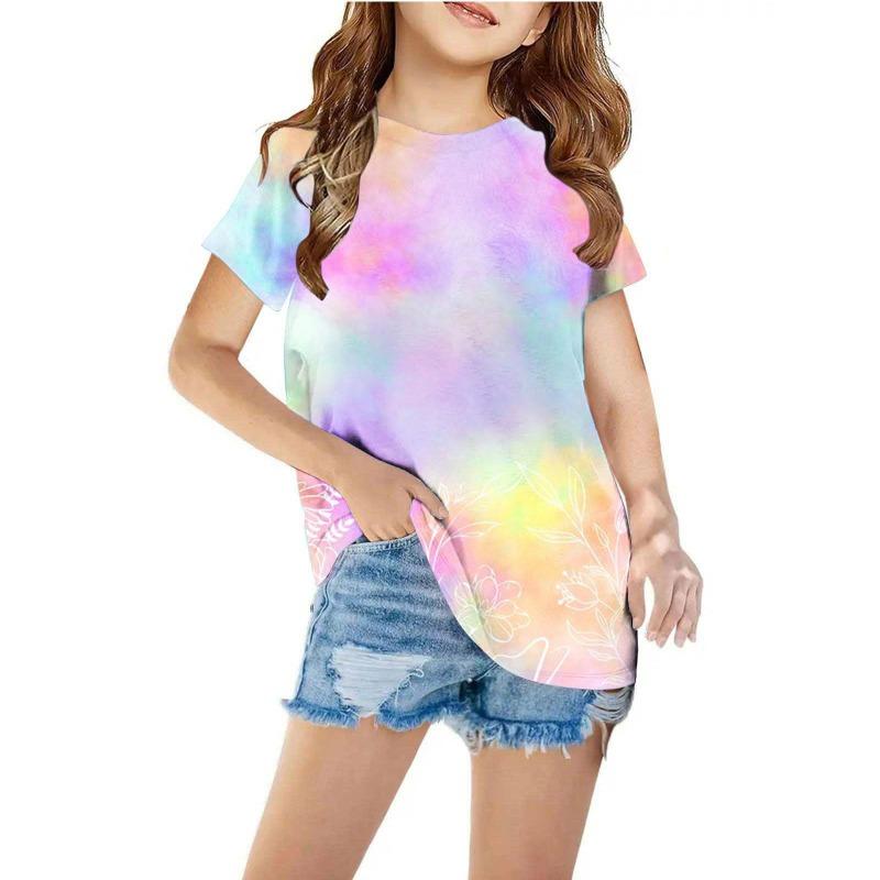 Summer Children's Fashionable Casual Simple 3D Printed Tops Kids Round Neck Pullover Short Sleeved T Shirt
