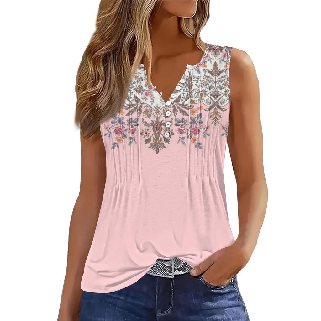 Women's Flowers And Plants Casual Loose Pleated Shirt V Collar Button-down T-shirt Shirt Sleeveless Vest Top