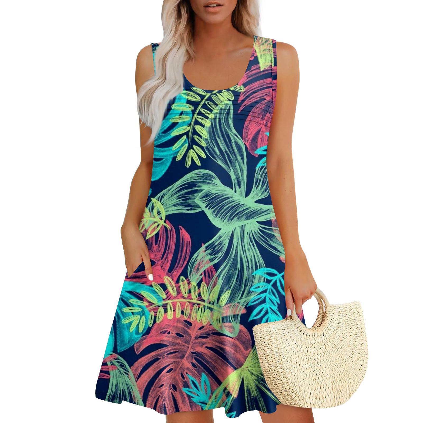 Womens Summer Dresses Loose U Neck Sleeveless Sundresses Dress With Pockets M циан