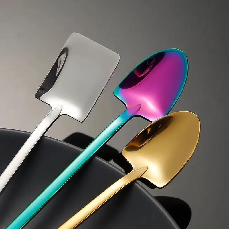 2pcs/set 304 Stainless Steel Long Handled Spoon Household Shovel Shaped Dessert Spoon Coffee Mixing Spoon