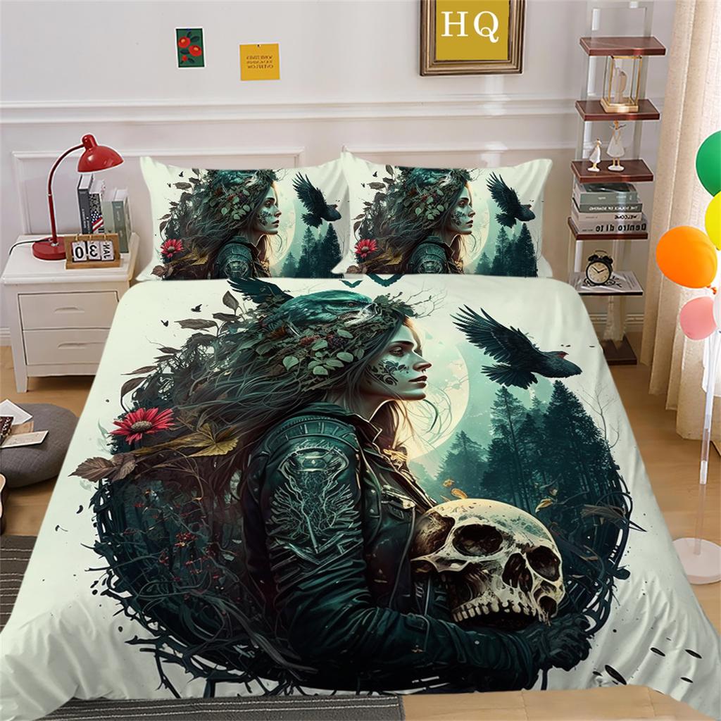 3D Beauty Skull Head Bedding Set Motorcycle Beauty Print Bedroom Decoration Quilt Cover and Pillow Cover 2/3 Pieces White Background Home Decoration