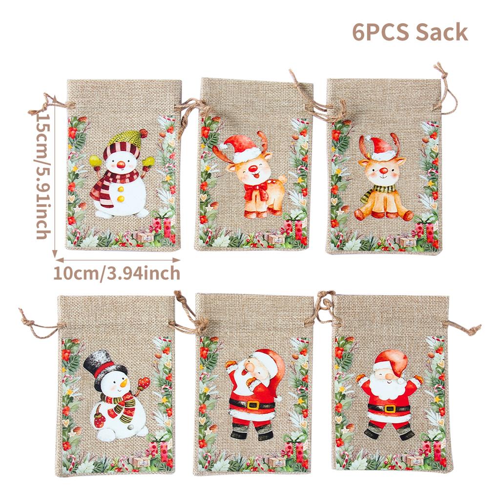 6Pcs Santa Claus Elk Bells Small Bear Drawstring Natural Burlap Bag Jute Gift Bag 10x15cm Cotton Linen Christmas Print Gift Bag