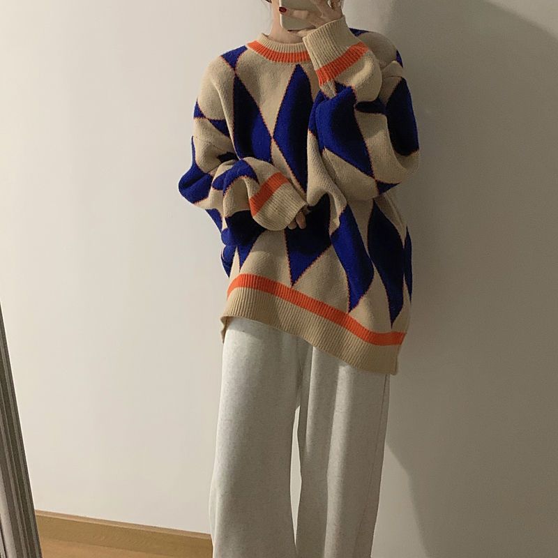 Autumn Winter Women's Korean Style Student Color Block Argyle Lazy Loose Sweater Versatile Knit Top