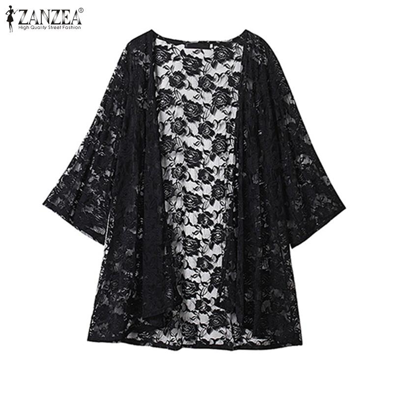 ZANZEA Womens Summer See-Through Lace Cardigan Cover Up Blouse