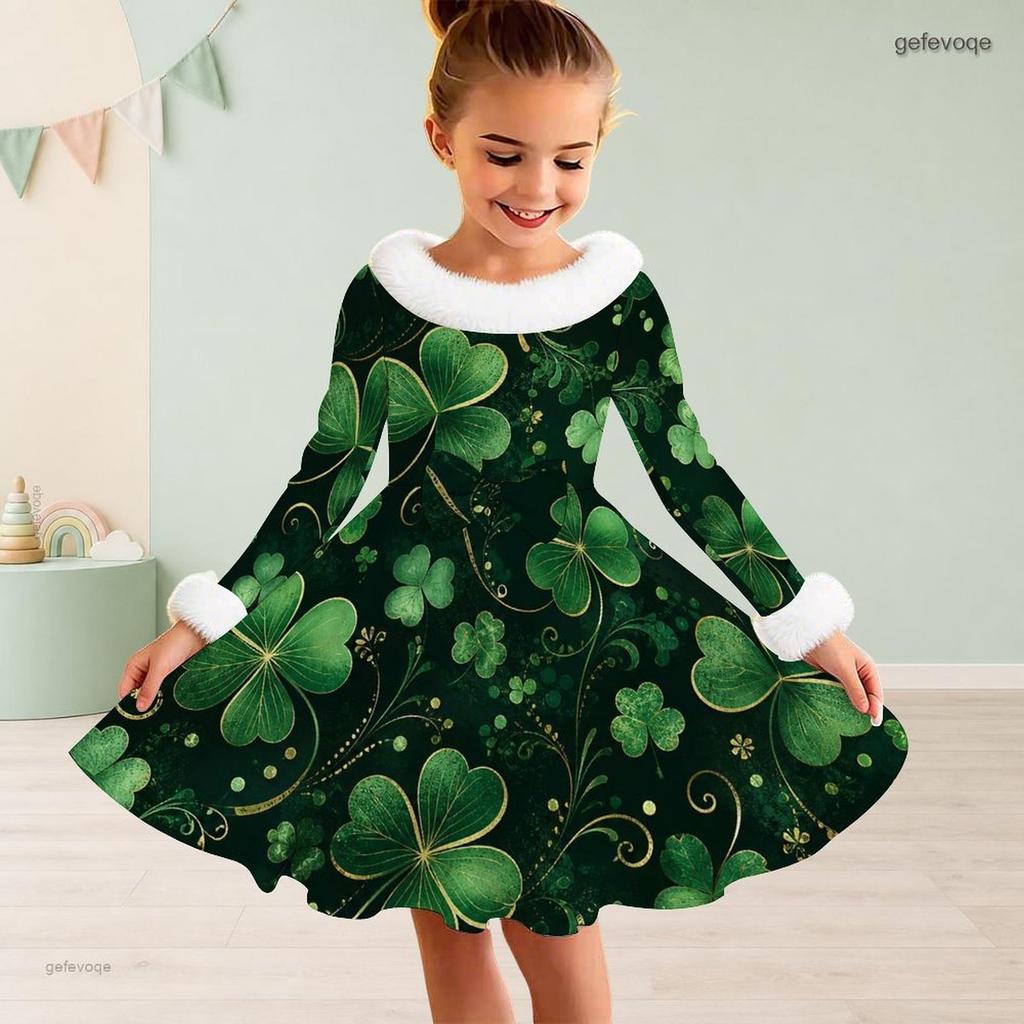 Girls Furry Collar Long Sleeve Dark Blue Snowflake Printed A Line Dress With Big Bow