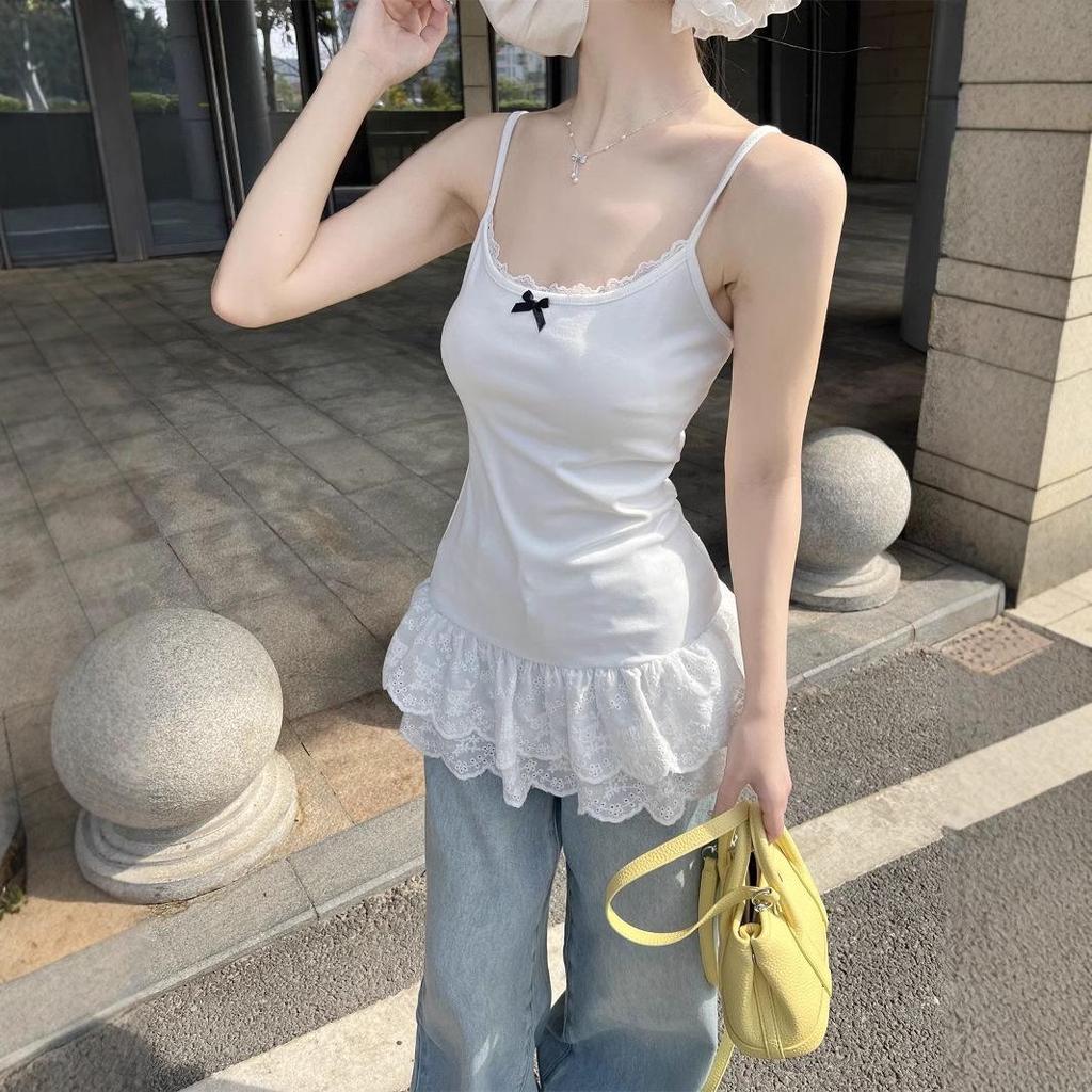 Ballet-Style White Lace Bow Camisole for Women - Spring/Summer 2025 Sleeveless Top
