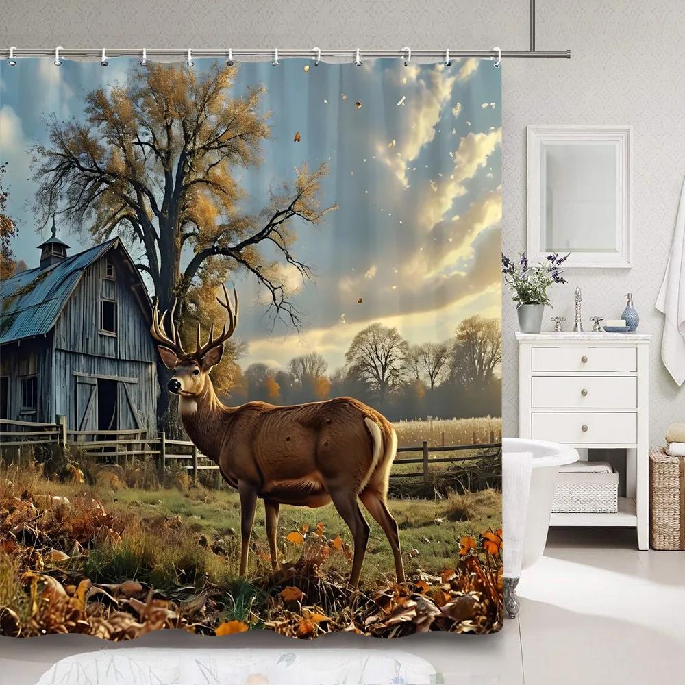 Hirsch Duschvorhang Tiefer Wald Herbst Natur Landschaft Tier Erntedank Polyester Duschvorhänge Badezimmerdeko mit Haken