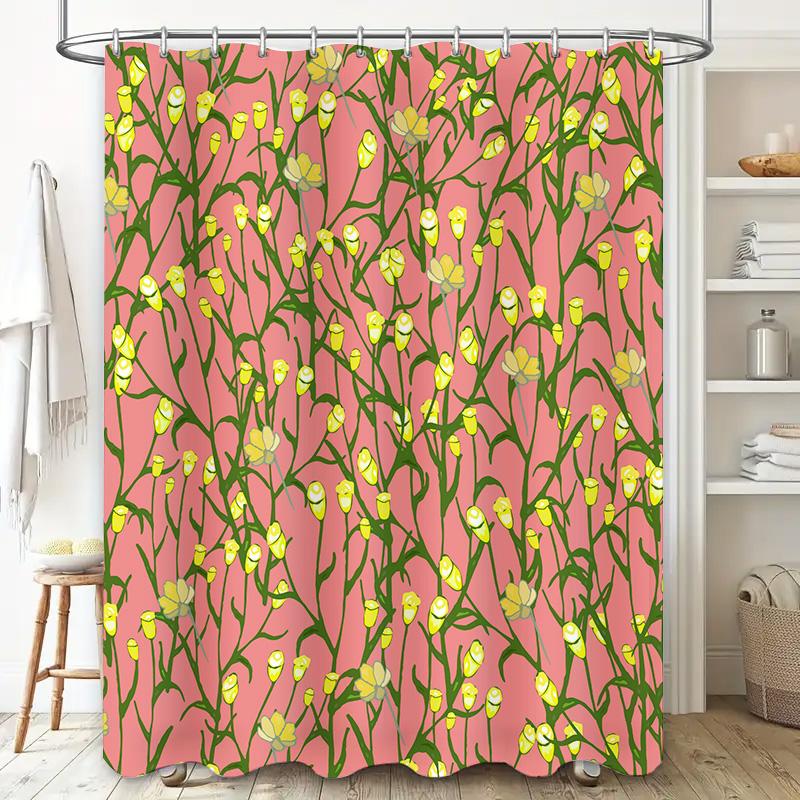 Pink Floral Shower Curtain With Yellow Flowers Bathroom Decor For Girls, Waterproof Shower Curtains, Modern Design Home Accessor